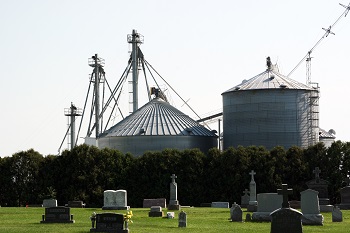 Photo of grain bins next to cemetery.
